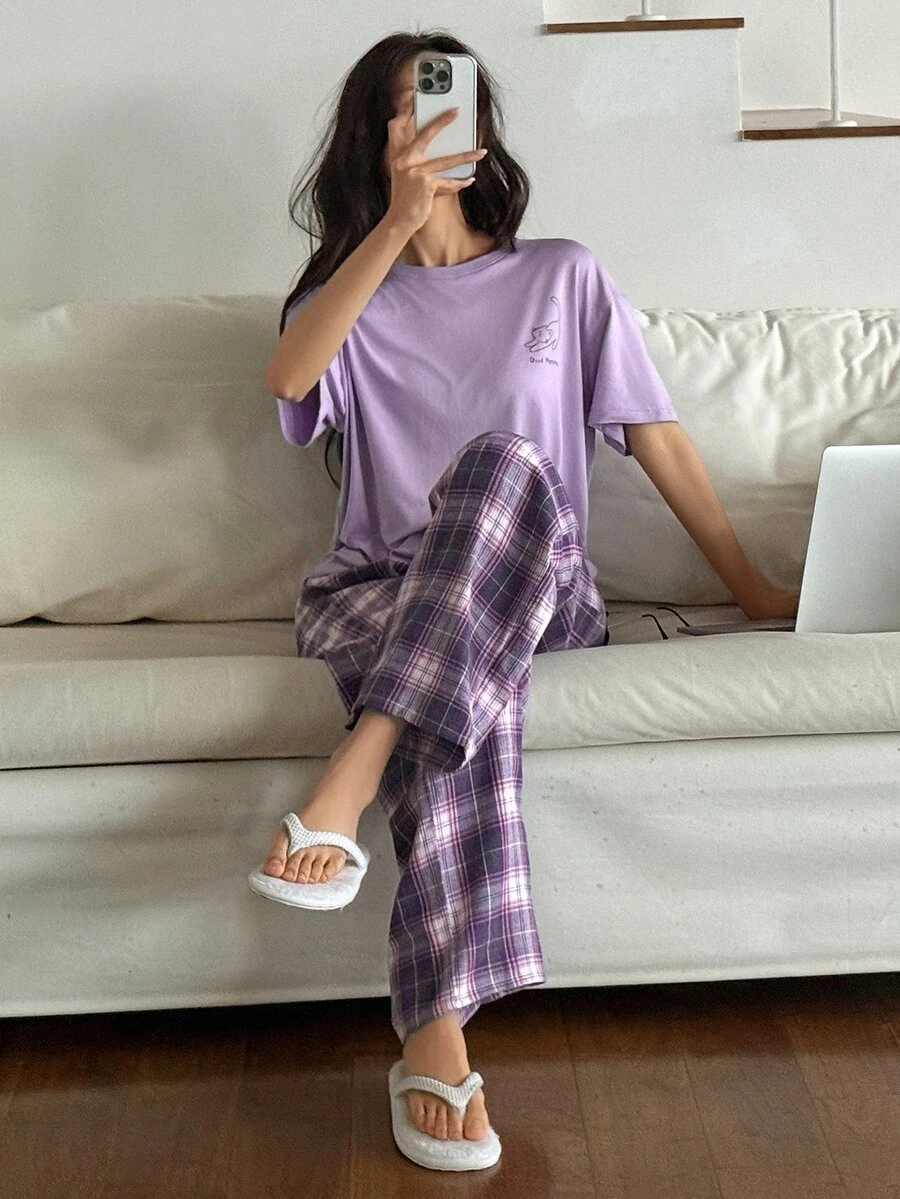 DAZY Women's Letter Print Drop Shoulder Sleeve Top And Plaid Long Pants Pajama Set - Purple - View 1