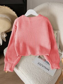 SHEIN Tween Girl Solid Color Crew Neck Casual Daily Long Sleeve Sweater - Pink - View 2