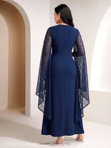Veilorie Women's Round Neck Split Sleeve Waist Metal Decor Elegant Modest Lace Arabian Dress Ninang Wedding Christening Guest Fall - Royal Blue - View 2