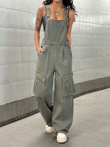 SHEIN Unity Overall Kargo Kaki Lebar Gaya Streetwear Kasual Musim Gugur Denim Abu-abu Muda untuk Pergi Keluar Sehari-hari Bepergian Jumpsuit Nyaman untuk Wanita - Hijau Tentara - View 5