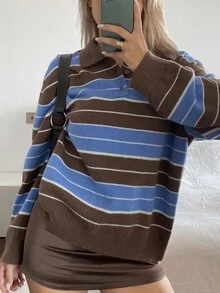 DAZY 女款拼色棕色條紋寬鬆長袖 Polo 領休閒學院風度假韓系秋季套頭針織毛衣 Y2K 早午餐風 - 棕色 - 查看 4