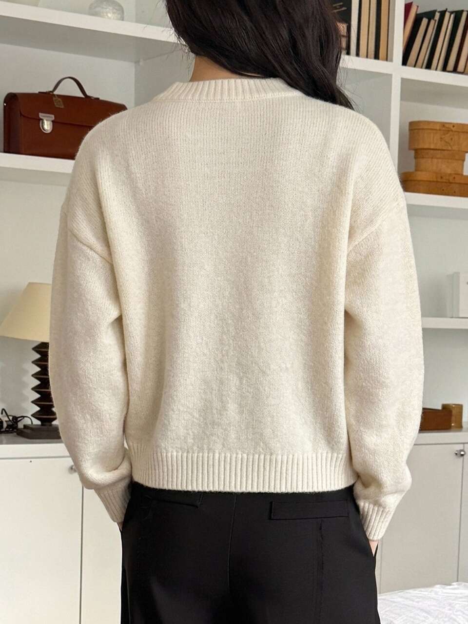 Women's Winter White Round Neck Button Cable Knit Long Sleeve Slim Fit Ribbed Cardigan