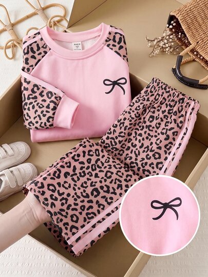 SHEIN Kids Young Girl Crew Neck Bow Pattern Colorblock Long Sleeve Autumn Winter Sweatshirt And Sweatpants Casual Daily Set