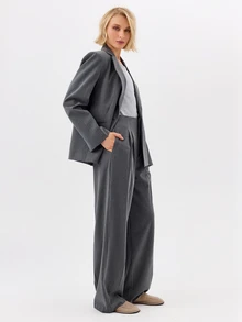 KÆRIA Hus Clean Waist Pleated Wide Leg Pant - Compact Tailoring - Charcoal Pinstripe - Elegant, Luxury, Formal - Dark Grey - View 6