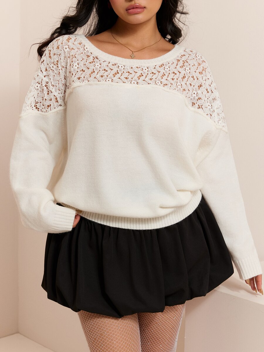 CovetEZ 秋冬新款蕾絲拼接長袖休閒大尺碼女款毛衣 - 白色 - 查看 1