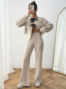 SHEIN Women 2 Ribbon Detailed Bow Tied Cardigan And Sweater Pant 2pcs Set Co-Ords - Beige - View 1