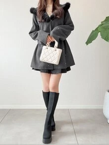 FRIFUL Women's Elegant Rhinestone Decorated Hooded Overcoat, Autumn/Winter - Grey - View 1