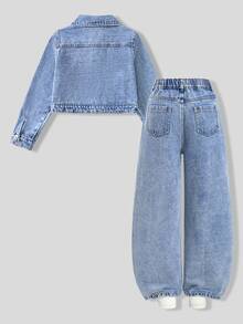 Girls Back To School Bow Towel Embroidery Denim Set, Sweet Short Denim Jacket With Wide Leg Denim Pants, Cute Washed Denim Outfit For School And Outings - Light Wash - View 2
