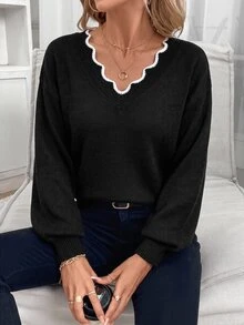 SHEIN Frenchy 女款簡約百搭拼色長袖針織衫，適合日常通勤 - 黑色 - 查看 4