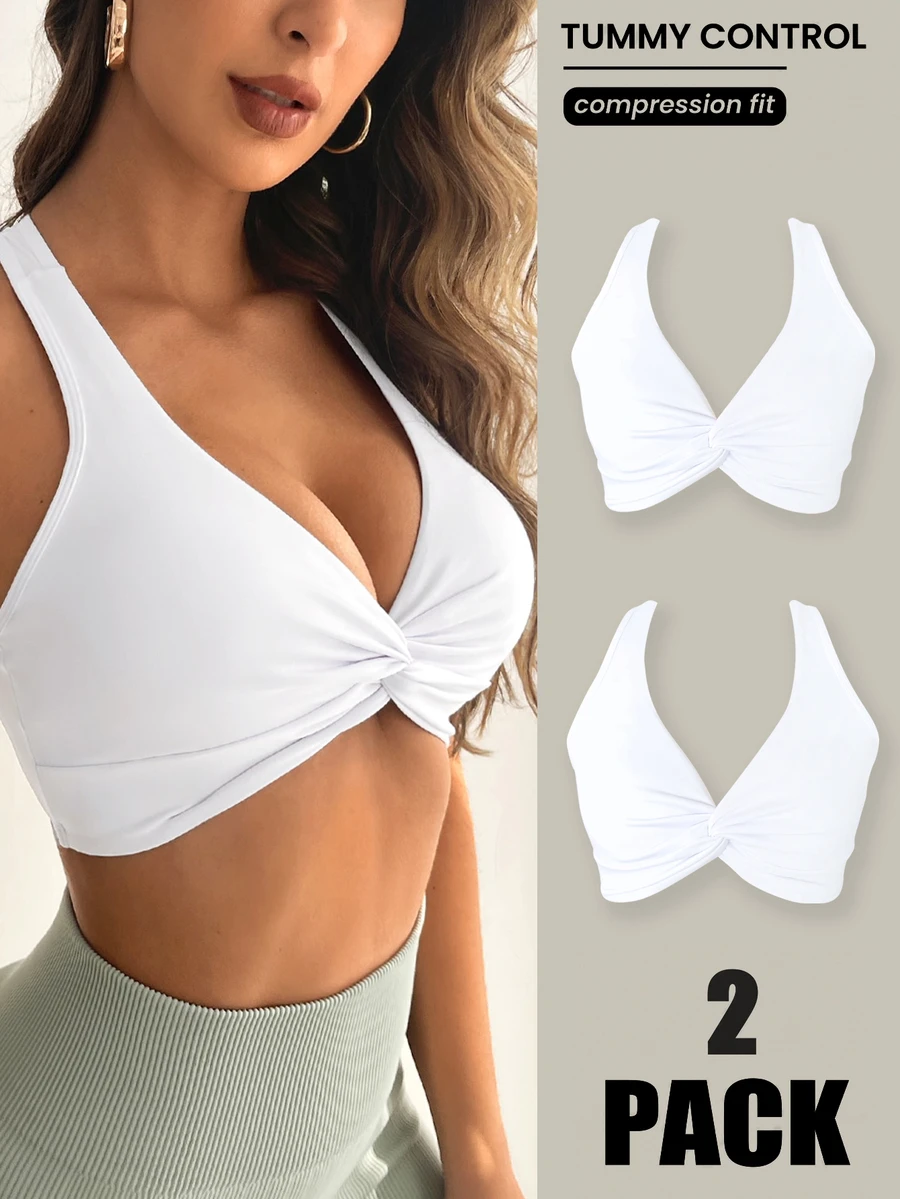 SHEIN Velisys Bra Olahraga Wanita Polos dengan Desain Putar untuk Aktivitas Harian - Putih - View 1