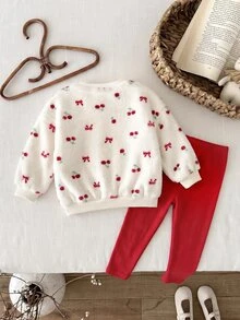 SHEIN Baby Girl Knitted Plush Pattern Crew Neck Casual Sweatshirt And Long Autumn Pants 2-Piece Set Red Christmas Cute Warm Winter Fluffy Comfy Soft - Multicolor - View 2