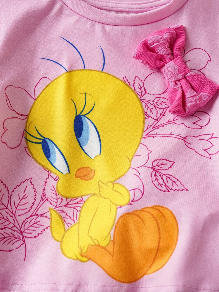 LOONEY TUNES X SHEIN Baby Girl Cartoon Print Short Sleeve T-Shirt And Shorts Casual Daily Outfit - Hot Pink - View 4