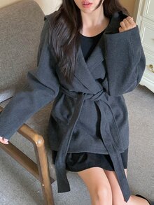 DAZY Women's Solid Color Loose Long Sleeve Hooded Belt Casual Vacation Korean Style Thickened Wool Jacket, Autumn/Winter - Grey - View 6