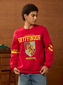 HARRY POTTER X SHEIN Men's Letter Print Crew Neck Casual Pullover Sweatshirt - Red - View 3