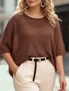 Linhara CURVE Plus Size Women's Autumn/Winter Thin Crew Neck Asymmetrical Loose Knit Pullover Sweater - Coffee Brown - View 4