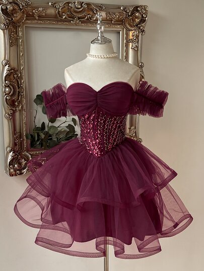 Lovelzi Elegant Glamorous Fashion Deep Red Sequin Embroidered Patchwork Mesh Sweetheart Neckline Off-Shoulder Puff Sleeve Full Skirt Short Dress Suitable For Wedding Guest, Prom