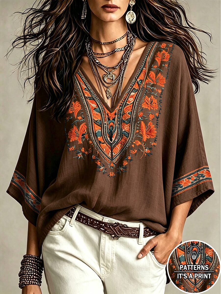 Glimmora Women's Floral Print V-Neck Vintage Fashion Blouse - Multicolor - View 1