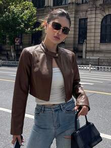DAZY Women's Solid Color Fitted Short Stand Collar Long Sleeve Zipper Casual Street Vacation Spring Autumn PU Leather Jacket - Coffee Brown - View 3