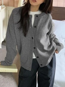DAZY Women's Solid Color Loose Long Sleeve Round Neck Casual Vacation Autumn/Winter Knit Cardigan - Grey - View 2