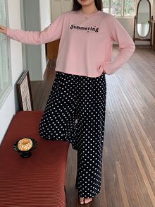 Dazy Plus Korean Style Letter Print Loose Pink Top And Polka Dot Pants 2-Piece Pajama Set, Spring Summer Autumn - Pink - View 4