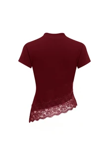 SHEIN Clasi 女款純色立領蕾絲下擺短袖上衣與裙子優雅成熟兩件套 教師節晚餐辦公室酒紅色夏季 - 酒紅色 - 查看 2