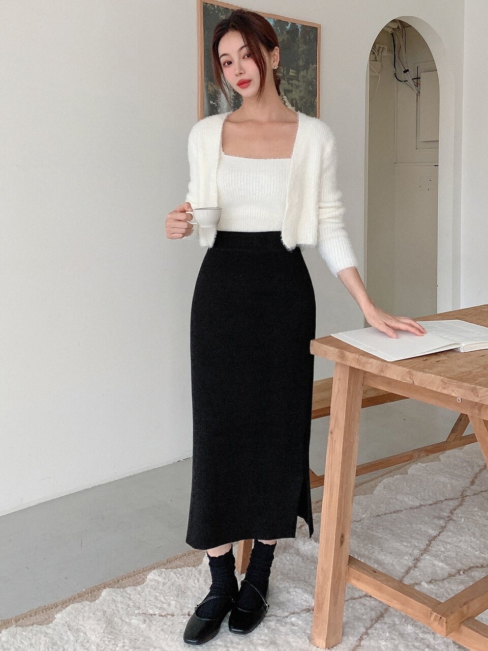 Women's Solid Color Slit Design Casual Daily Knit Skirt
