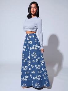 SHEIN SXY 女款花卉印花鈕扣前襟休閒牛仔裙 - 中等水洗藍 - 查看 5