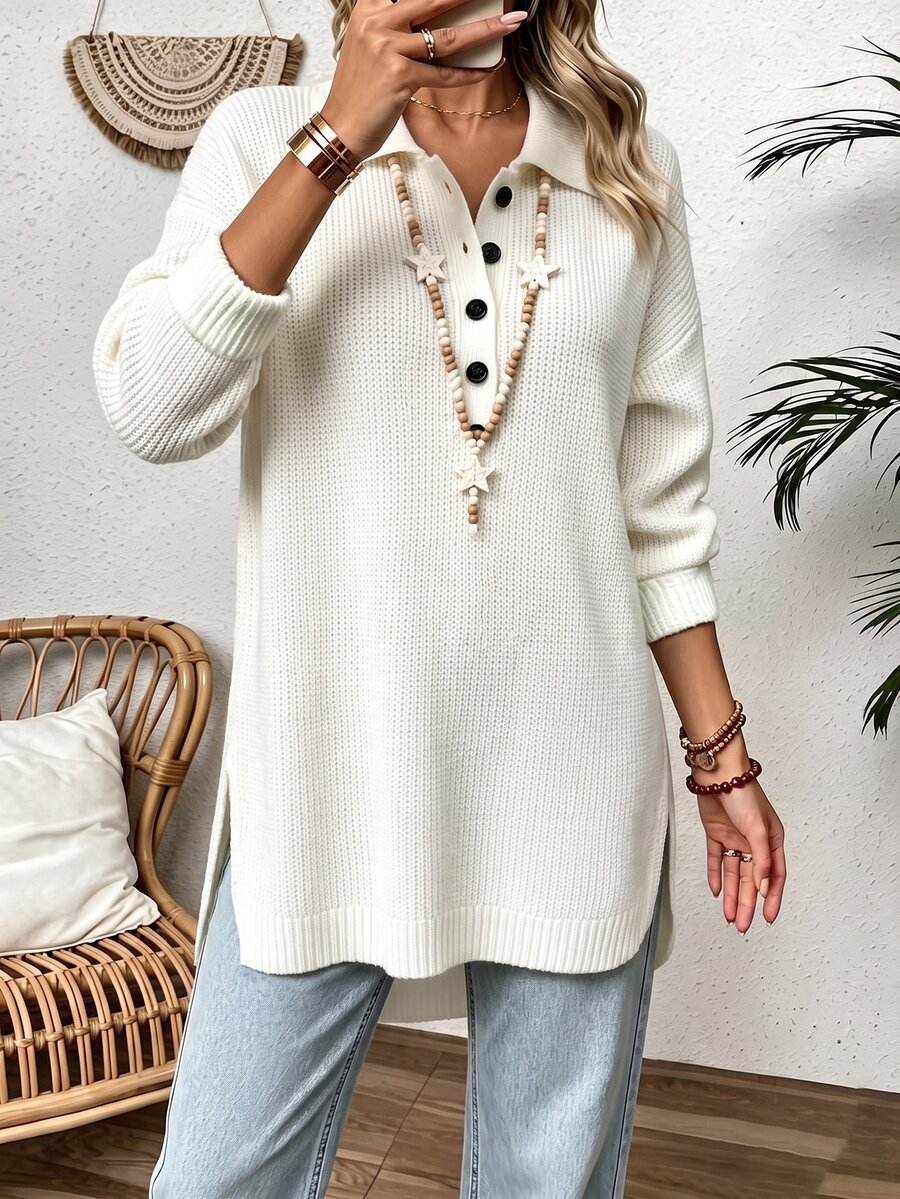 Breezaya Sweater Wanita Warna Polos Kasual Serbaguna untuk Harian Lengan Panjang Off White Musim Gugur untuk Brunch - Putih - View 1