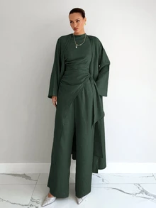 Siren Gaze Women's Solid Color Top, Pants And Robe Set - Dark Green - View 2