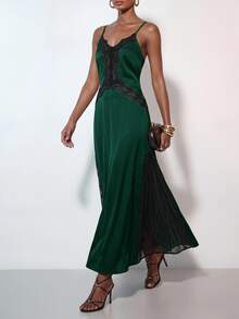 Zivah Women's Contrast Lace Fashion Elegant Spaghetti Strap Long Dress - Dark Green - View 3