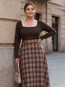 Chikora Plus Size Women's Patchwork Plaid Square Neck Long Sleeve Elegant Dress - Brown - View 5