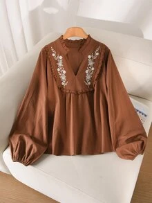 CosyJoli 女款大尺碼花卉刺繡缺口V領燈籠袖襯衫 休閒波西米亞復古風 工作度假 秋冬外出 感恩節穿搭 - 棕色 - 查看 5
