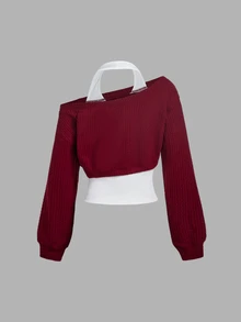 SHEIN MOD 女款 2 合 1 長袖休閒掛脖衛衣 - 酒紅色 - 查看 2