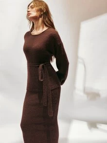 SHEIN Women's Solid Color Knitted Long Sleeve Top With Waist Tie And Skirt 2 Pieces Set - Brown - View 7