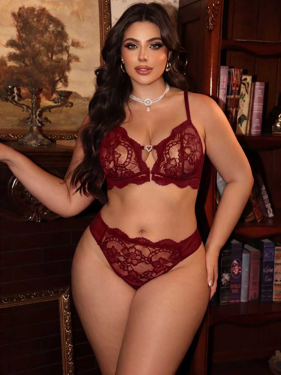 Divavoom 2件裝蕾絲前扣式無鋼圈大尺碼女性內衣 - 酒紅色 - 查看 1