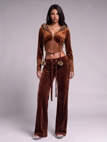 Nooralise Fashionable Hot Girl Y2K Brown Velvet Patchwork Faux Fur Hooded Slim Fit Jacket With Pom Pom Rope Decoration And Flared Long Pants 2 Pieces Set - Brown - View 1