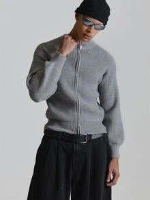 Musero Oversized Drop Shoulder Ribbed Brushed Mohair Zip Through Cardigan Zipper Opening Ribbed Hemline Autum Winter Essentials - Grey - View 1