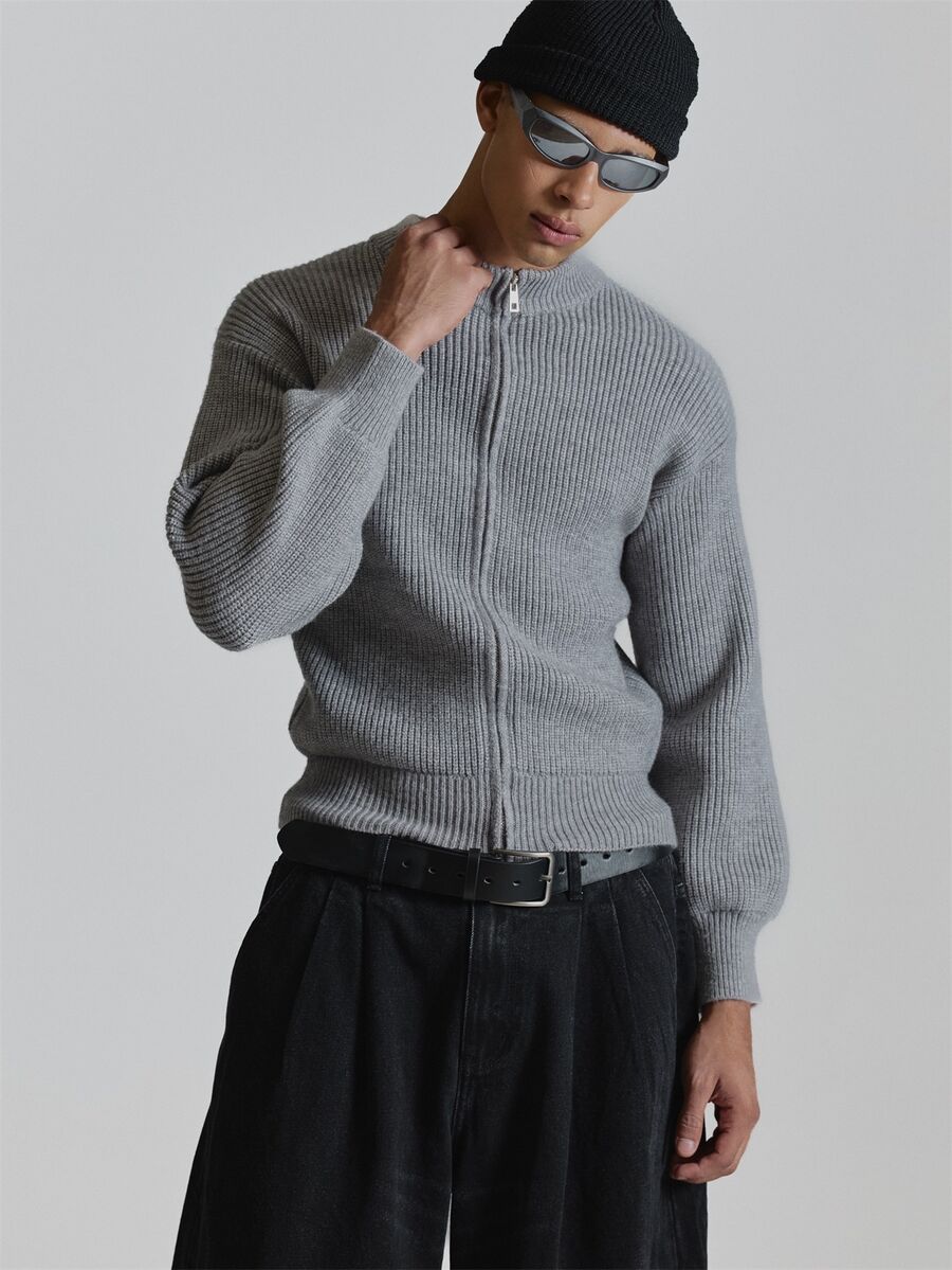 Musero Oversized Drop Shoulder Ribbed Brushed Mohair Zip Through Cardigan Zipper Opening Ribbed Hemline Autum Winter Essentials - Grey - View 1