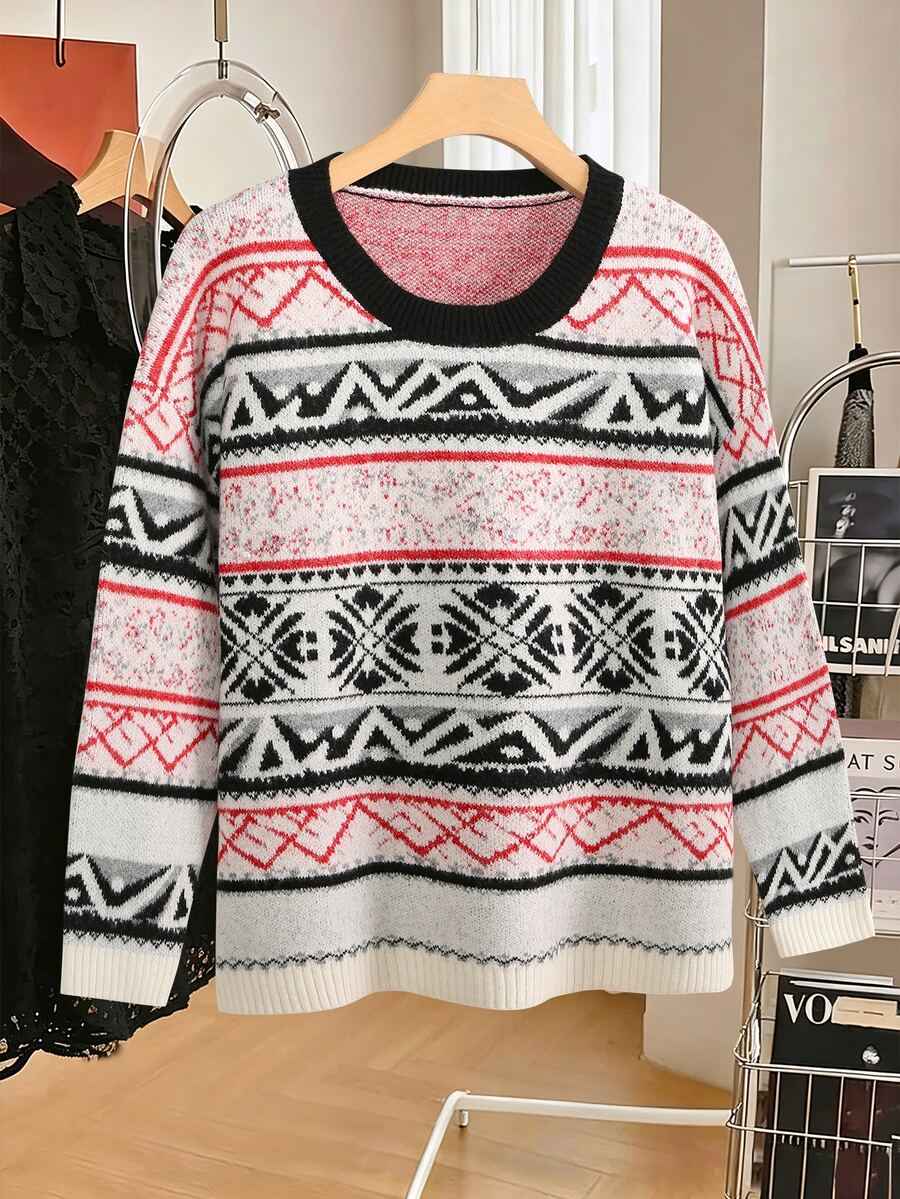 Lacomfia Plus Size Vintage Jacquard Long Sleeve Pullover Sweater Holiday Fashion - Multicolor - View 1