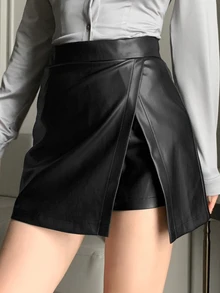 DAZY Women's Solid Color PU Leather Side Slit Hem Fashion Skorts - Black - View 6