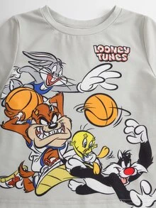 LOONEY TUNES X SHEIN 小男孩卡通印花T恤短褲套裝 - 灰色 - 查看 3