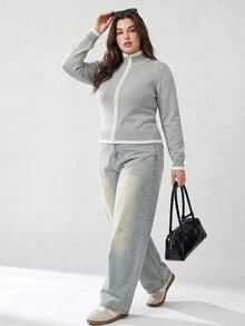 Solavibe Cardigan Wanita Ukuran Plus Motif Blok Warna Kasual Tradisional Serbaguna untuk Sehari-hari, Kantor Formal, Abu-abu, Musim Semi - Grey - View 6