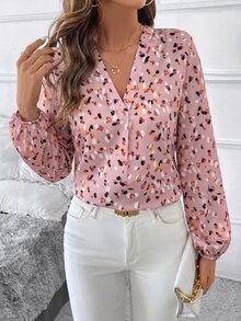 SHEIN Clasi 女款V領滿版印花休閒百搭日常長袖襯衫 - 粉色 - 查看 6