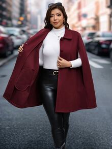 Reflora Plus Size Elegant Cape Sleeve Overcoat, Autumn/Winter - Burgundy - View 4