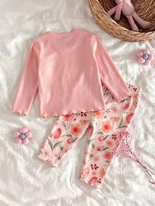 新生女嬰可愛卡通與花卉圖案長袖居家服套裝 - 彩色 - 查看 2