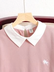 SHEIN 青少年女孩襯衫領刺繡小馬圖案秋冬衛衣 2合1拼接款 - 粉色 - 查看 5