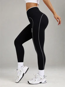 Easithlete Women's Colorblock Letter Print Casual Athletic Low Waist Daily Sports Tight Leggings Jogging Gym Black Winter - Black - View 4