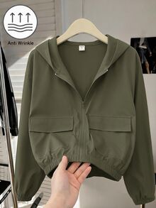 SHEIN 兒童青少年女孩秋/冬新款黑色梭織素色貼袋短版寬鬆休閒連帽外套，返校季 - 軍綠色 - 查看 3