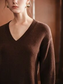Anewsta Autumn/Winter Maillard Color Palette Multi-Color Dark Brown Sweater Women's Minimalist Slouchy Pullover Knit Top - Brown - View 2