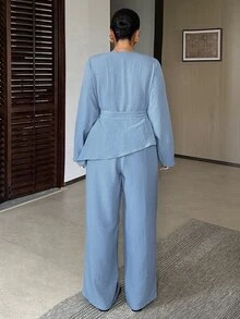 Dazy Plus Solid Color Asymmetrical Collar Tie Long Sleeve Shirt And Straight Leg Pants Elegant Vacation Formal Spring Autumn 2 Pieces Set - Blue - View 2